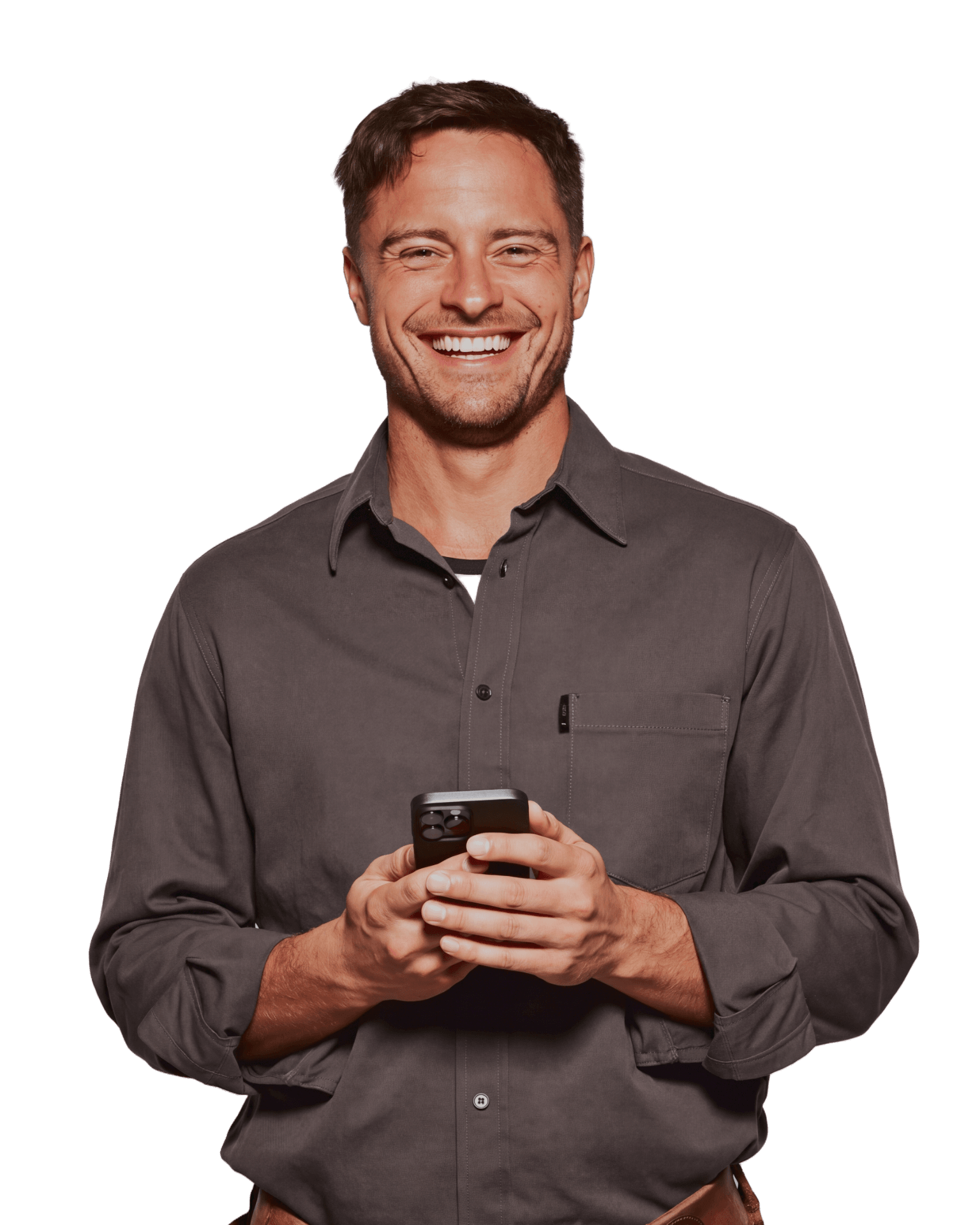 Electrician holding his phone and smiling