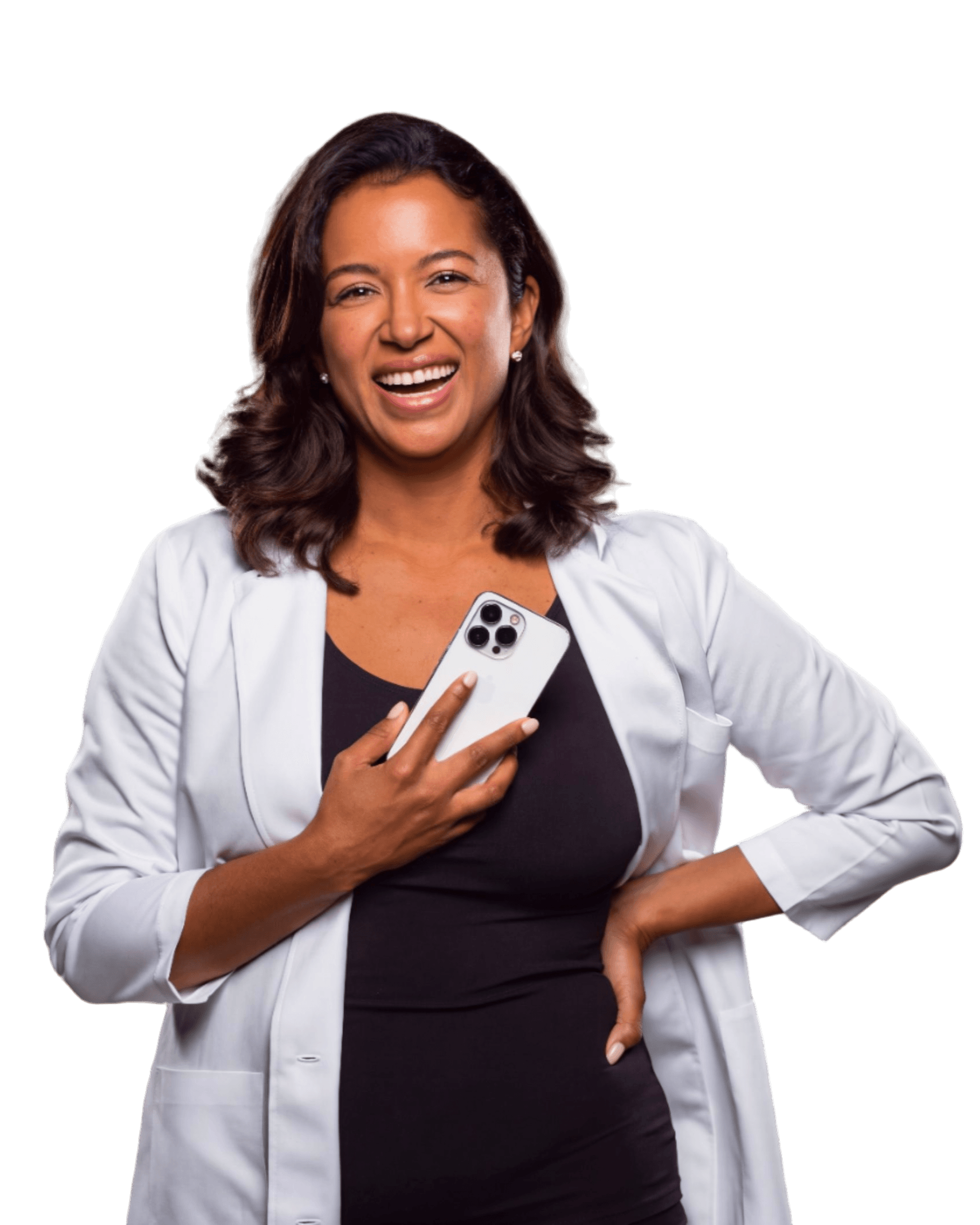 Med spa owner holding her phone and laughing